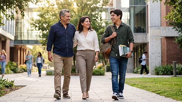 Estudiante y sus padres caminando por el campus