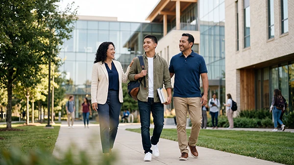 Estudiante y sus padres caminando por el campus