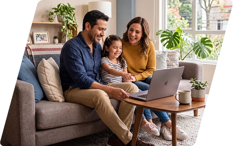 Familia feliz con laptop